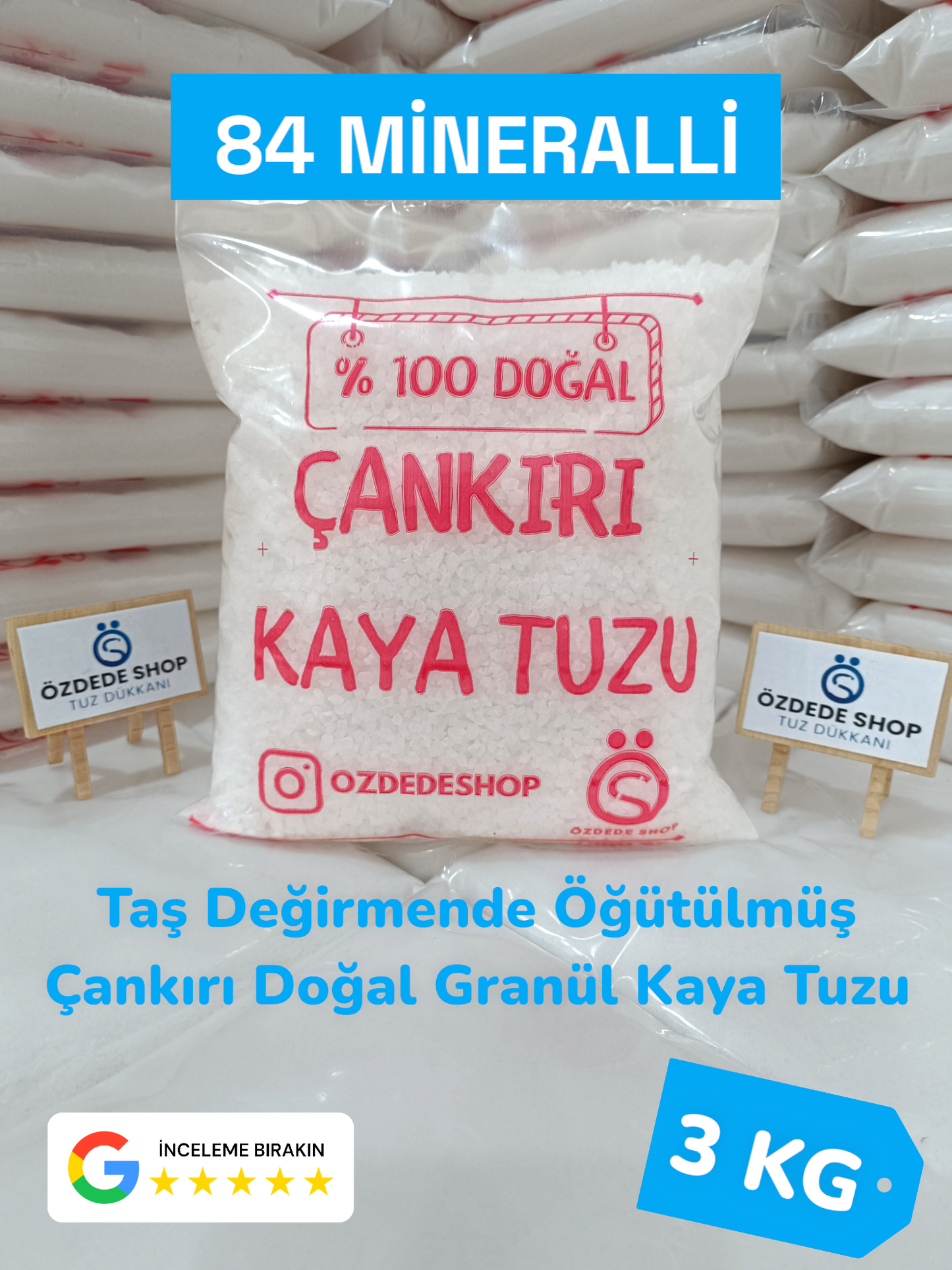 Çankırı Doğal Granül Kaya Tuzu 3 Kg Yemeklerde, Turşu ve Salamurada (Mavi Etiket)