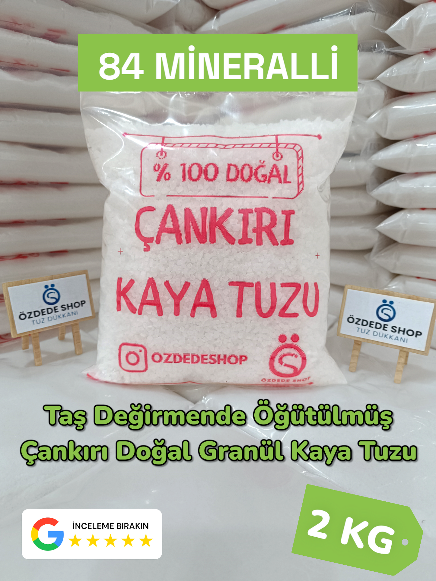 Çankırı Doğal Granül Kaya Tuzu 2 Kg Yemeklerde, Turşu ve Salamurada (Yeşil Etiket)